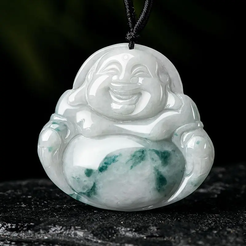 Natural Jadeite Floating Flower Big Belly Buddha Pendant Ice Jade Men's and Women's Pendant