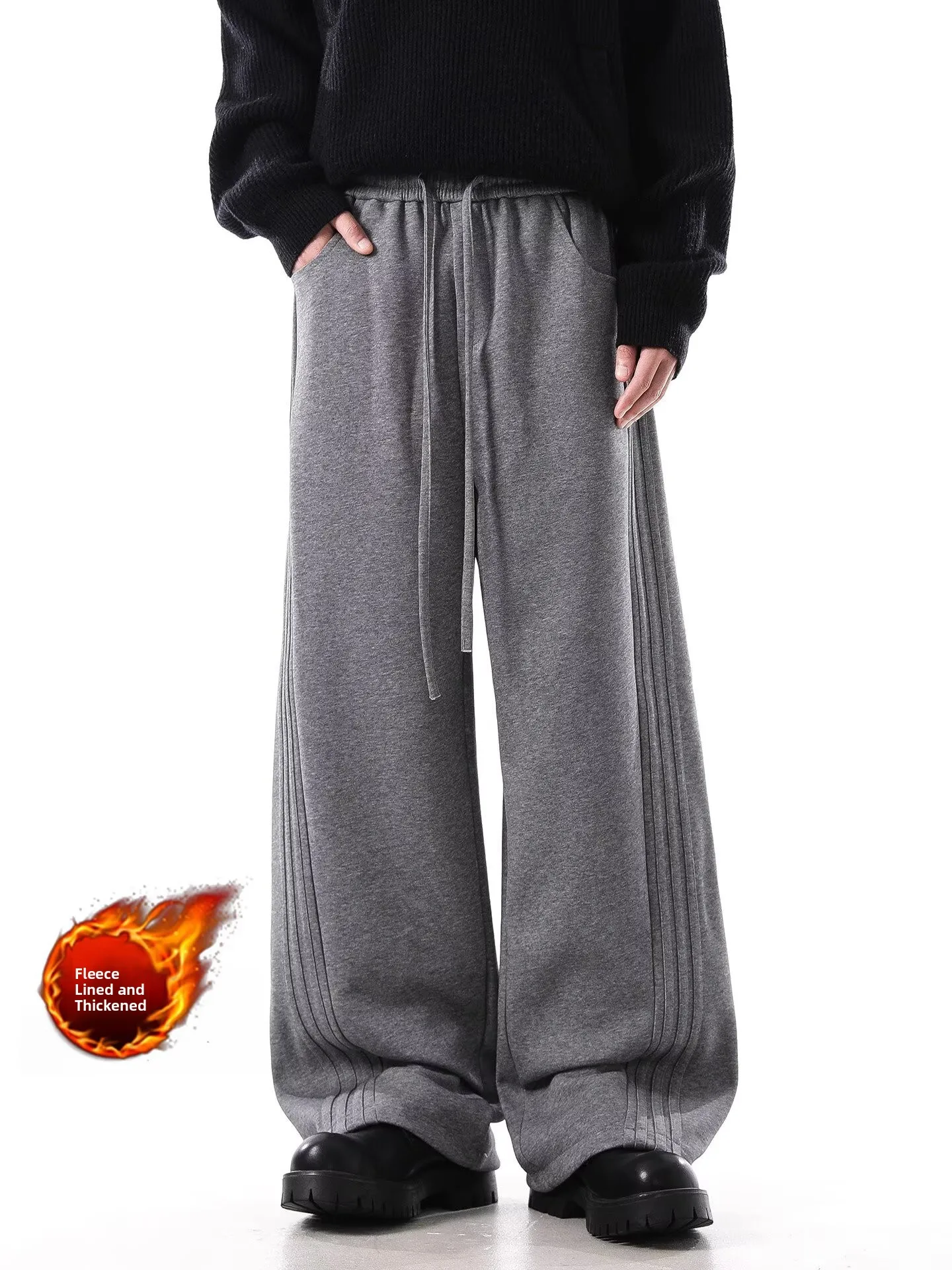 

American Casual Striped Men's Fce-Lined Loose Fit Autumn Winter Long Pants Straight Leg mid Waist Youth Active Sle