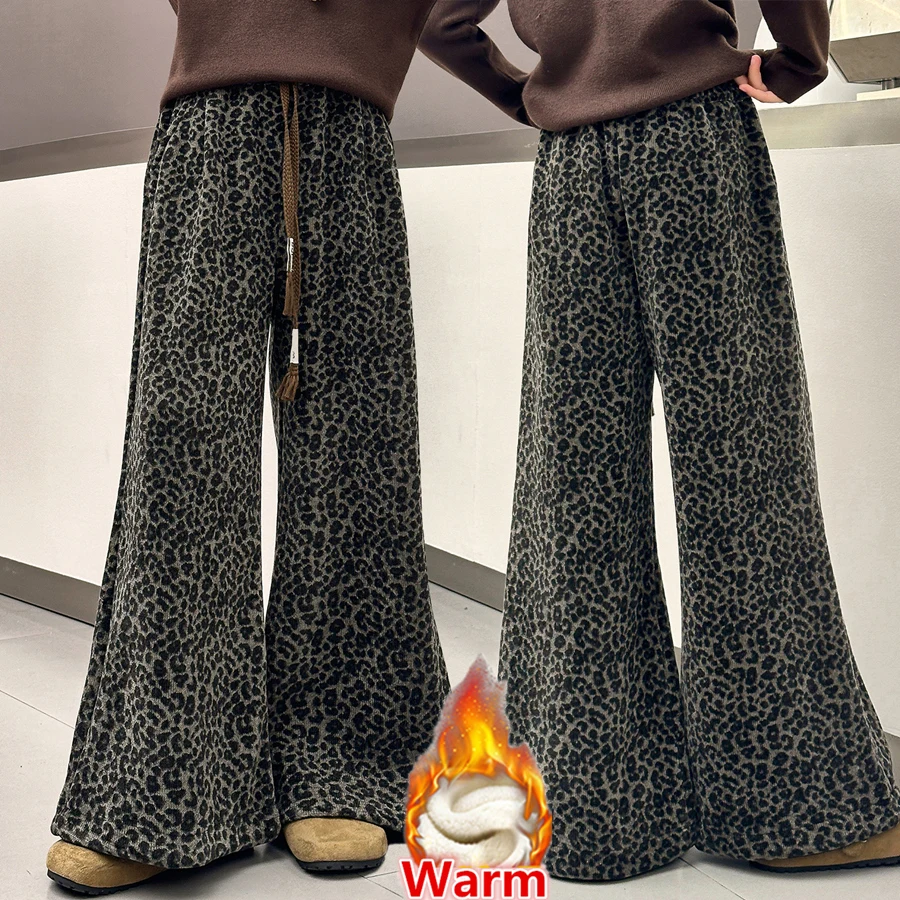 

Children New Winter Leopard Print Pants with Fleece Lined for Tweens Girl Stylish Warm Trousers Kids Wide Leg Thermal Sweatpants