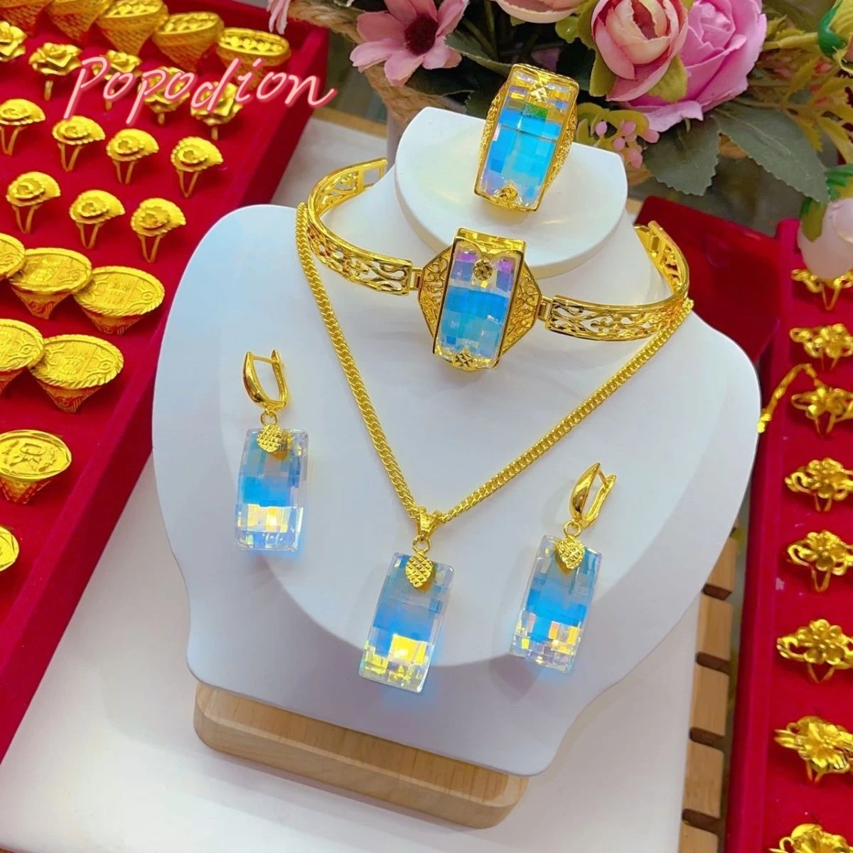 New Dubai 14K Gold Plating Jewelry Necklace Earrings Bracelets Women's Ring Wedding Set Of Four YY10314