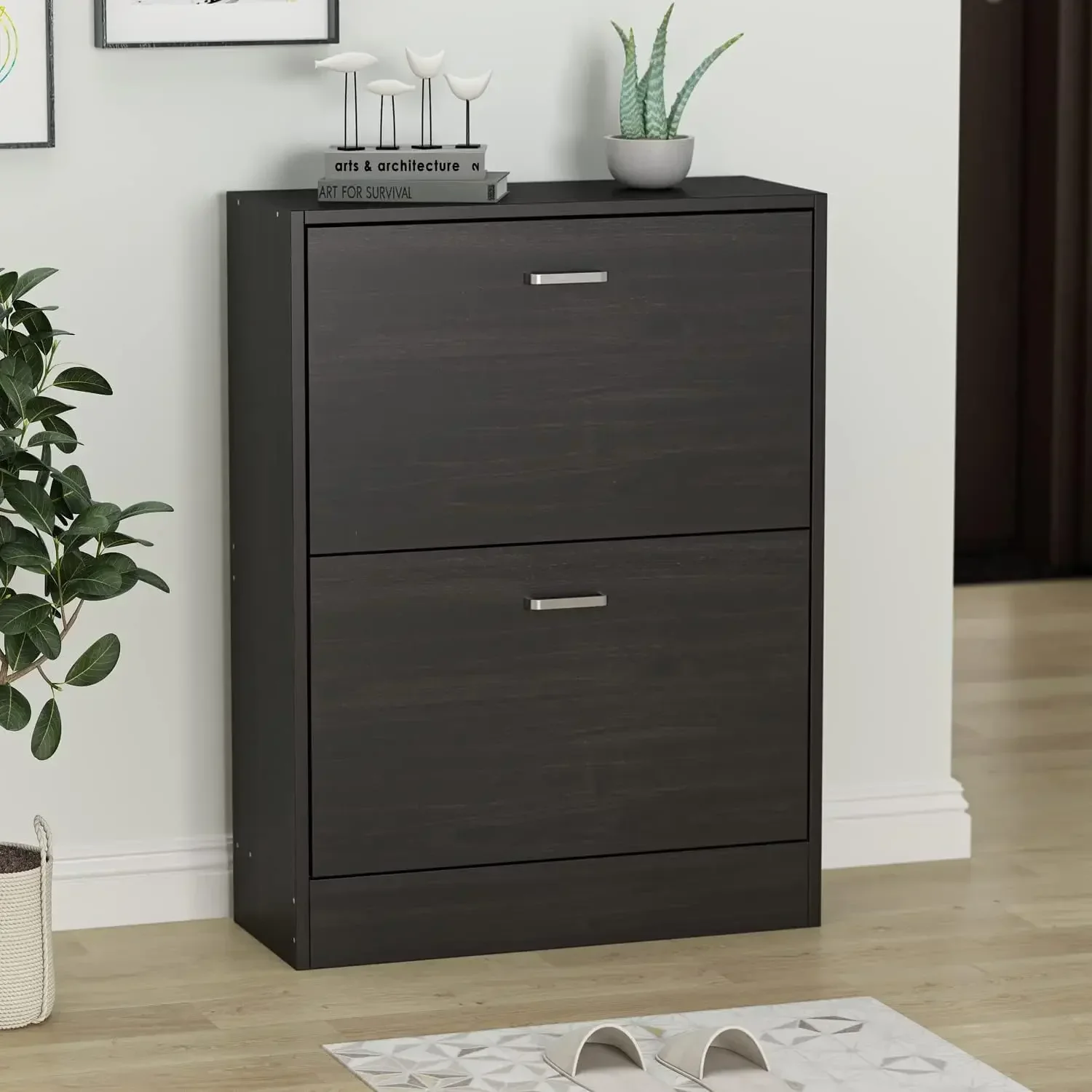 Modern Shoe Storage Cabinet with 2 Flip Drawers, Wood 2-Tier Shoe Rack Storage Organizer for Entryway, Hallway & Bedroom