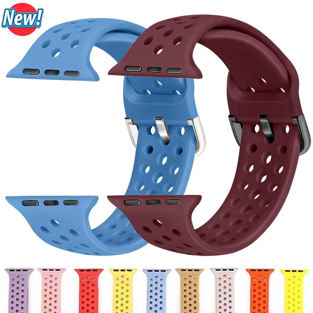 

Дышащий силиконовый ремешок для Apple Watch Band 46 мм 42 мм/Ultra 2 49 мм 45 мм 44 мм 41 мм 40 мм Браслет iWatch Series 10 9 8 7 6 SE 5