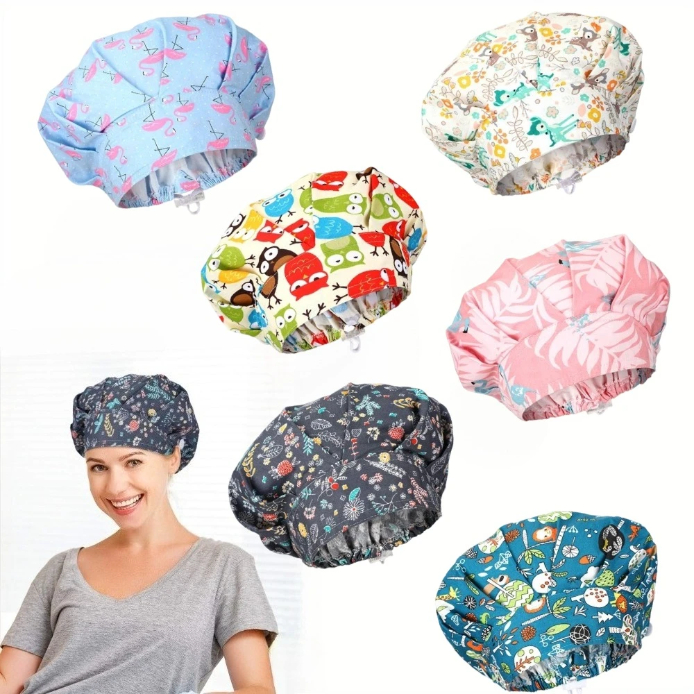 

6 PCS of Bouffant Hat with Button Elastic Headband, Nursing Surgical Hat Flower, Leaf, Print Frosted Work Hat for Men and Women
