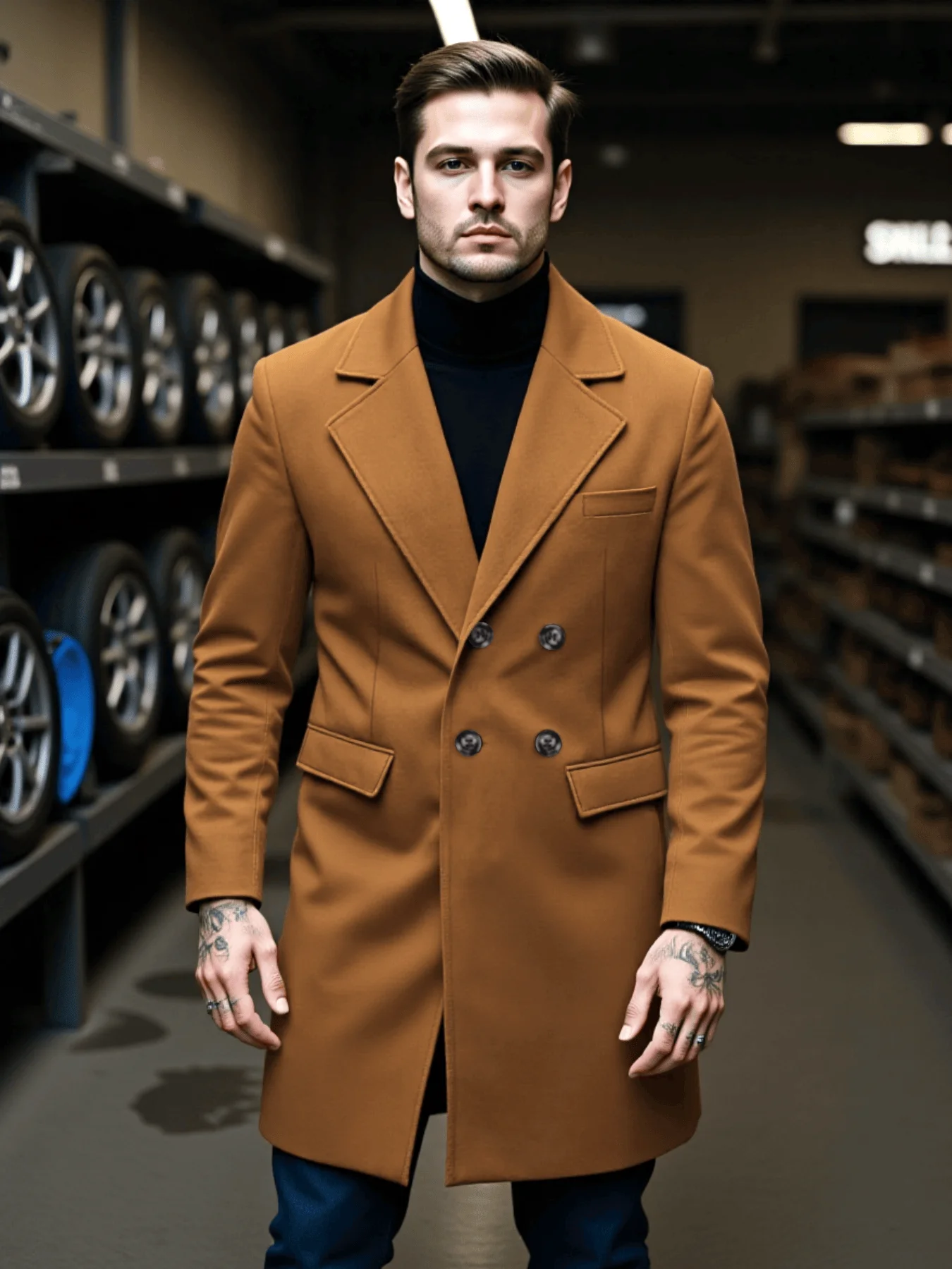 Men's Double-Breasted Tweed Woolen Coat Windproof Warm Jacket Cardigan New Fashion Men's Outerwear Streetwear