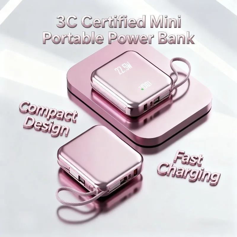 Mini banco de energía lindo con certificación 3C de 20000mAh con cable incorporado y batería de carga rápida de 22,5 W para IPhone Samsung