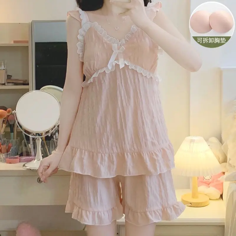 

Princess Style Pajamas with Chest Pads Women's Summer Home Clothes Ruffle Lace Edge Suspenders Shorts 2 Pieces Set Loungewear