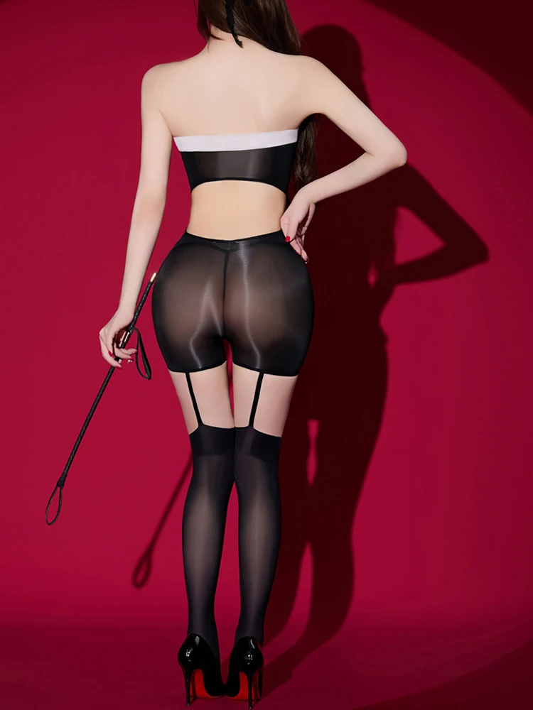 Kombinezon damski bez ramiączek, z odkrytymi plecami, łańcuszkiem, połączone z pończochami, ultracienki, błyszczący, prześwitujący, idealny do klubu nocnego i tańca.