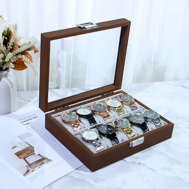 

VANSIHO 2/3/6/10/12 слотов, новая мода, деревянный замок в китайском стиле, ящик для хранения часов, просмотрный просвет, орех, деревянная коробка для часов