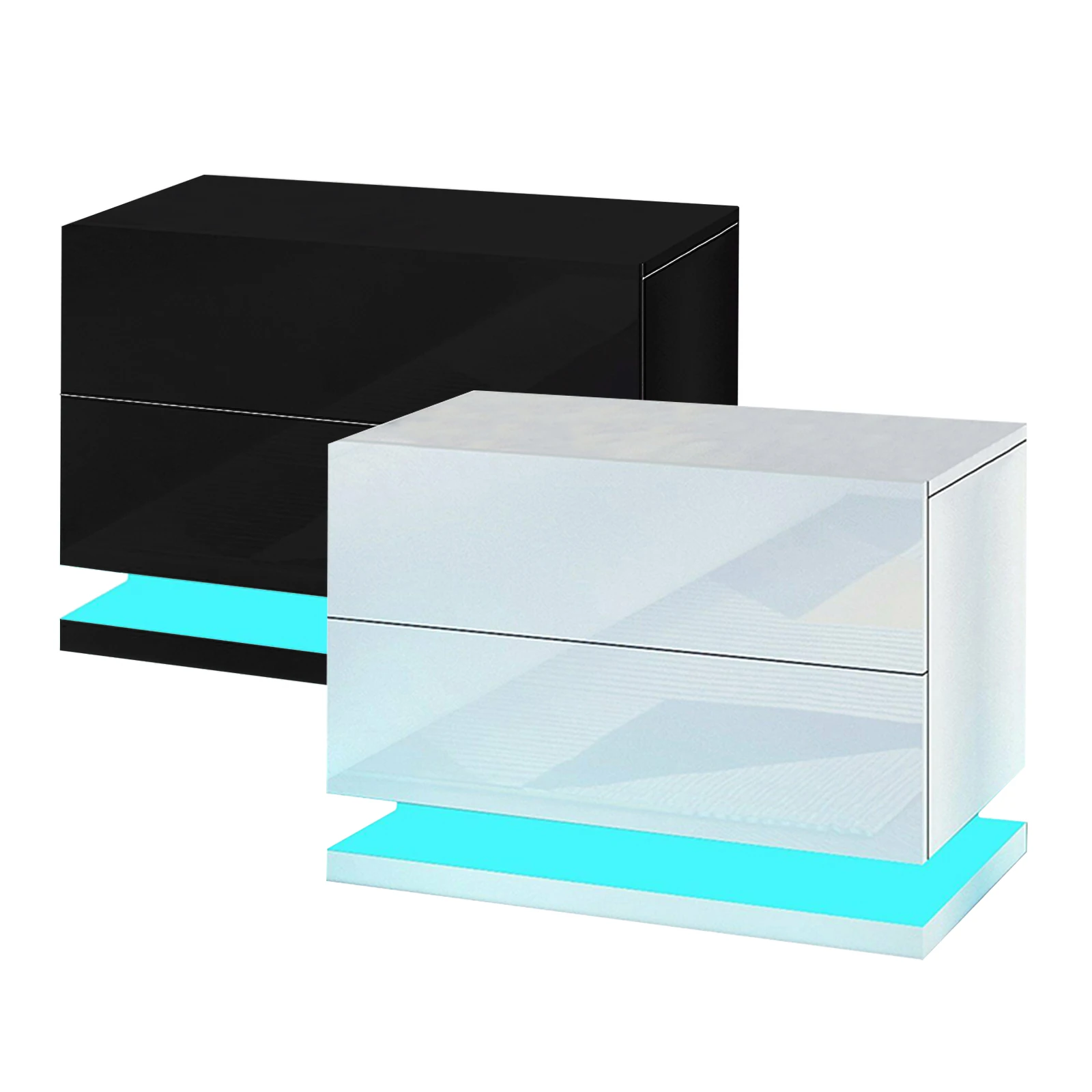 Bedside Table Nightstand Cabinet High Gloss 2 Drawers w/ Led Light Bedroom