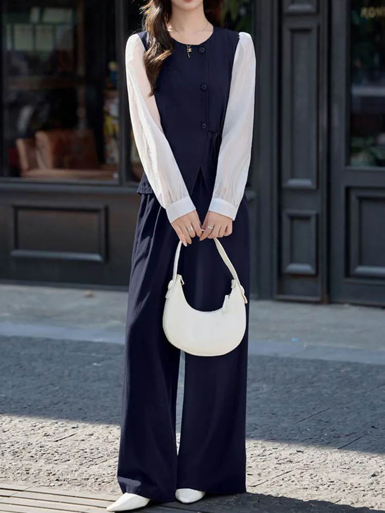 Ensemble pantalon Design coréen pour femmes, col rond épissé, simple boutonnage, hauts tendance, ample, élastique, taille haute, pantalon droit