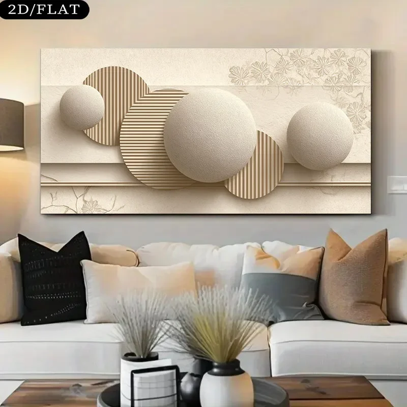Frameless Canvas Painting2D Flat Modern Minimalist Beige & Abstract Wall Art Print - Frameless Canvas With Beige/ Spheres, Circl