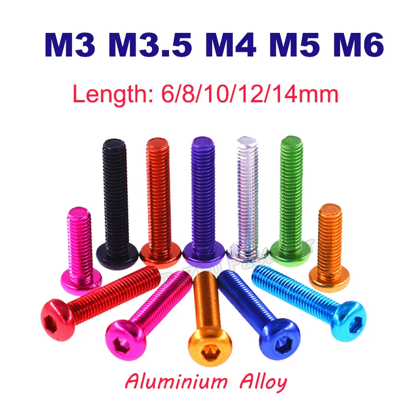 

5pcs M3 M3.5 M4 M5 M6 Round Aluminium Alloy Screws Hex Socket Button Head Allen Bolt Cap Mechanical Screw Length 6~14mm Anodized