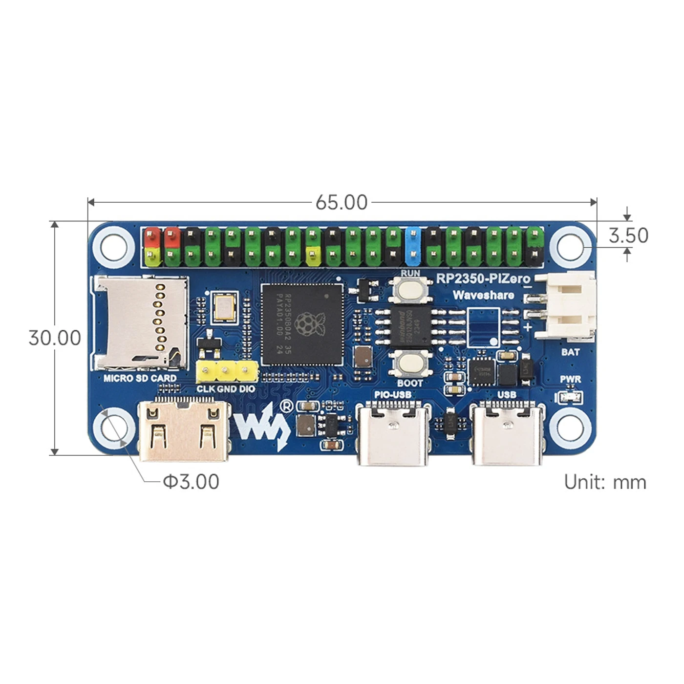 Waveshare RP2350-PiZero Development Board Base On Raspberry Pi Pico 2 RP2350 Microcontroller 520KB SRAM 16MB Flash DVI PIO-USB