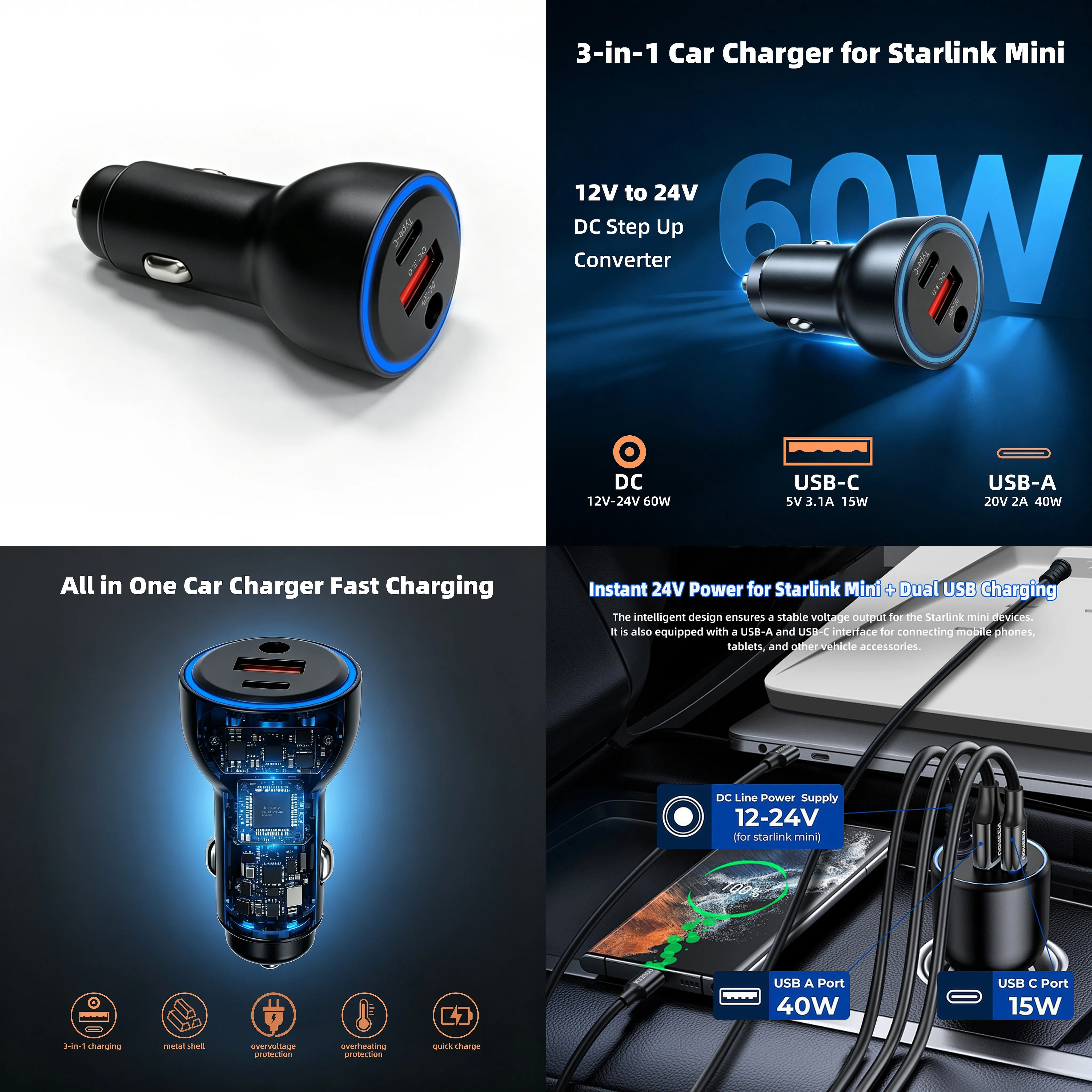 Starlink Mini Accessories 12V Car Cigarette Lighter Adapter Charger, Compatible with Starlink Mini DC Power Supply