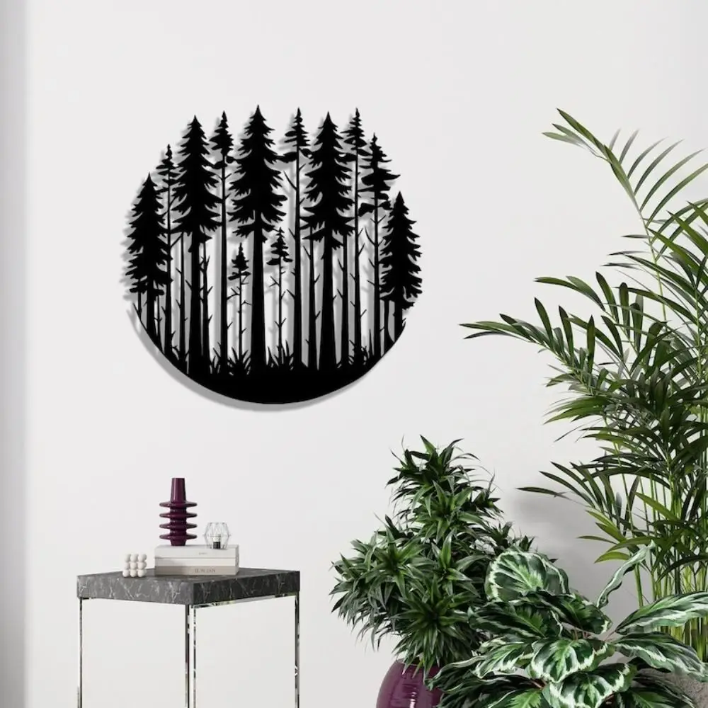 CIFBUY Black Iron Forest Silhouette Wall Sculpture, Circular Pine Tree Pattern Metal Wall Ornament for Indoor Decoration