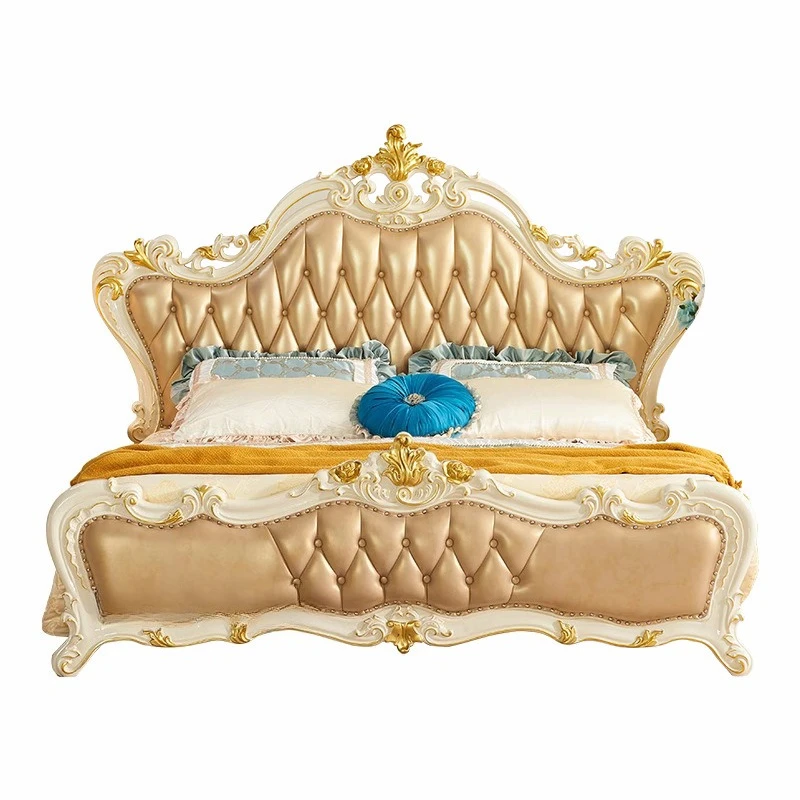 

Solid wood carving flower leather princess bed, bedroom furniture double bed, European leather