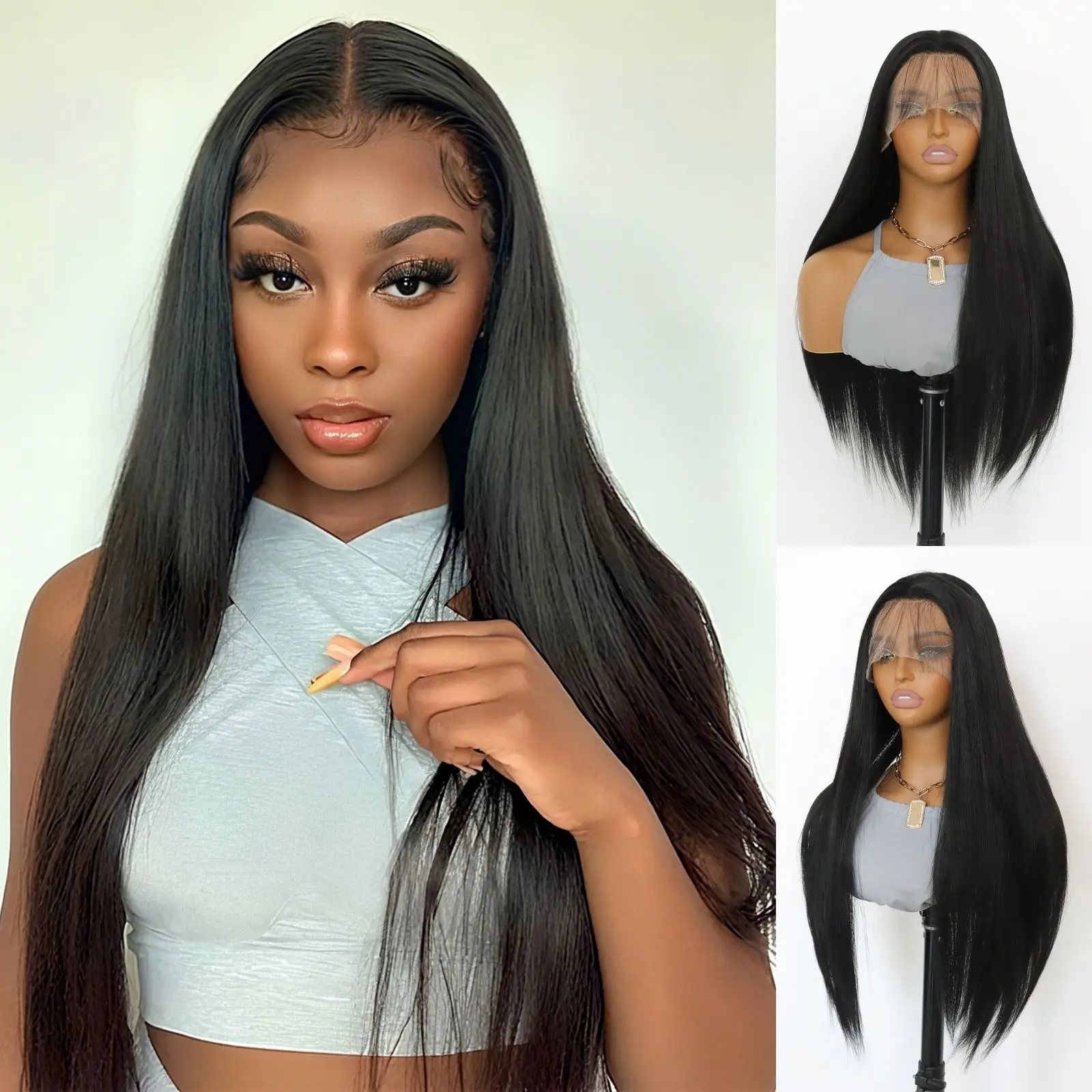 

Длинные прямые парики фронта шнурка Натуральный черный прямой 13 × 4 Синтетический парик фронта шнурка Предварительно выщипанный парик из натуральных волос (24 дюйма)