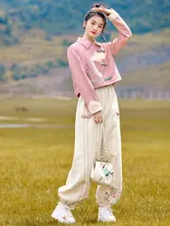 Traditional Chinese Clothing Embroidery Fashion Set Women's Coat Top Casual Pants Two Piece Set Spring and Autumn Modern Student