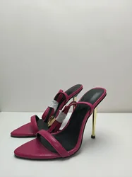 2025 New Sexy Gold Padlock High Heels One Word Buckle Open Toe Thin Heels Leather Shoes Ankle Strap Gladiator Sandal 44