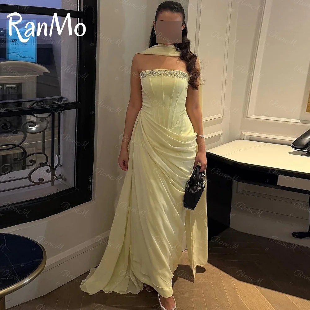 Ranmo Customized See Through Chiffon Strapless Sleeveless Evening Dress Temperament Prom Dresses Delicate Crystal Party Gown New