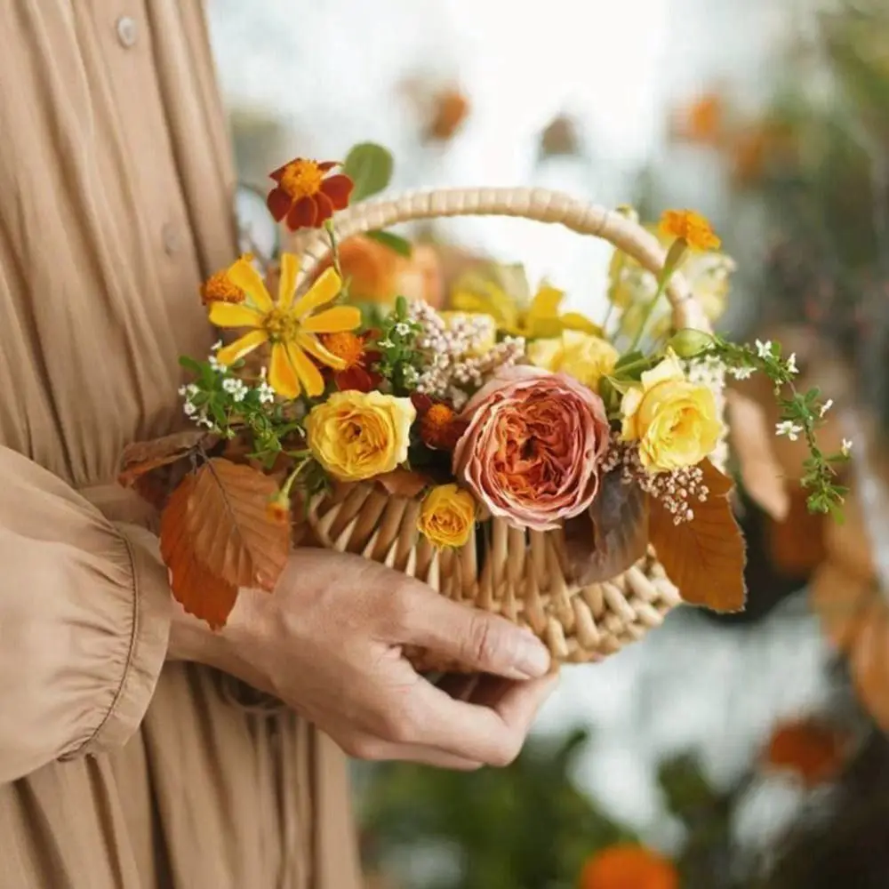 Willow Rattan Flower Girl Baskets Yellow Woven Basket Flower Arrangement Basket Sturdy Storage With Handle