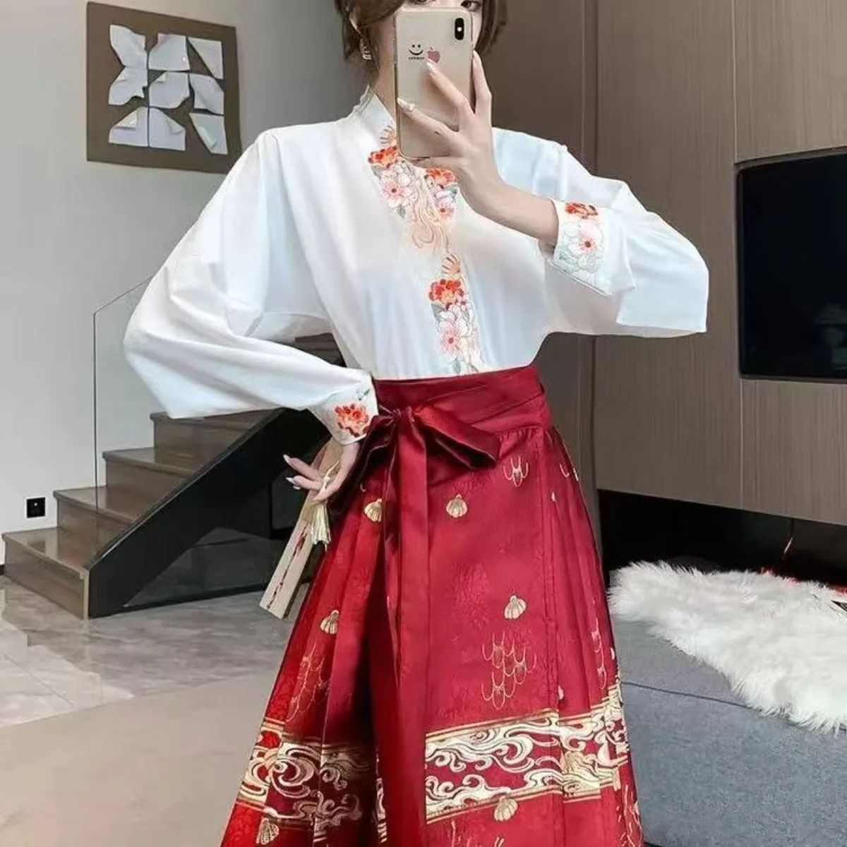 Original Hanfu Women Airplane Sleeve Mamian Skirt Set Spring Summer Daily Chinese Style White Shirt + Red Horse Face Skirt Set