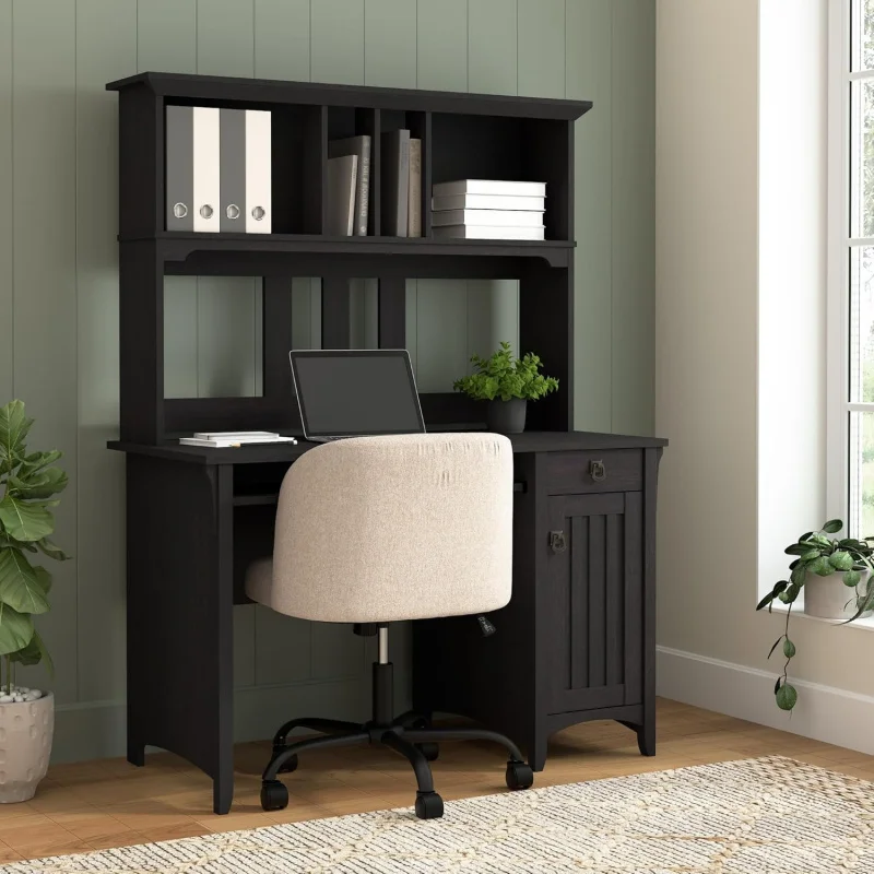 

Vintage Black Computer Desk with Hutch – Study Table, Drawers, Cabinets & Pullout Keyboard Tray Home Office