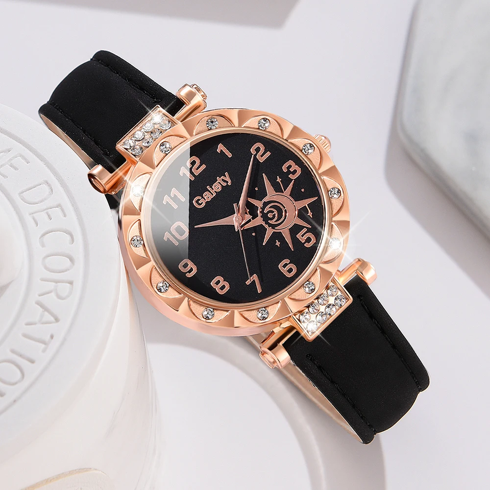 1PCS Simple Luxury Sun Element Leather Strap Watch Black Casual Fashion Quartz Watch Is The Perfect Gift For Her (No Box)