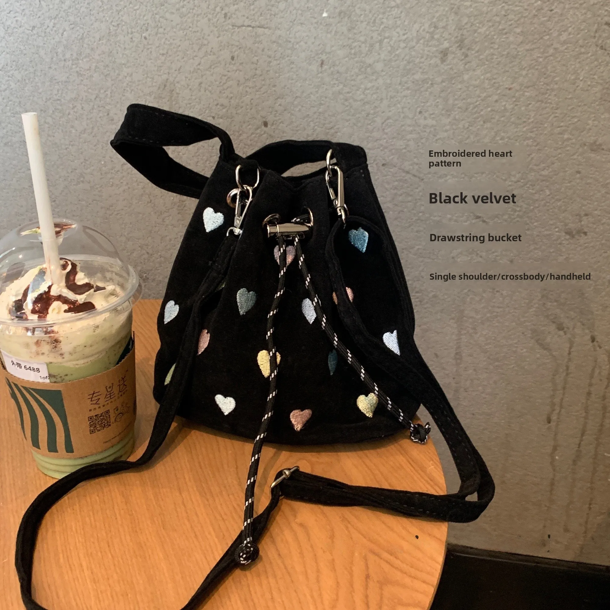

Ele Bla Velvet Embroidered Heart Buet Bag Women's Crossbody oulder Handbag Dstring Closure Faionable Bu...