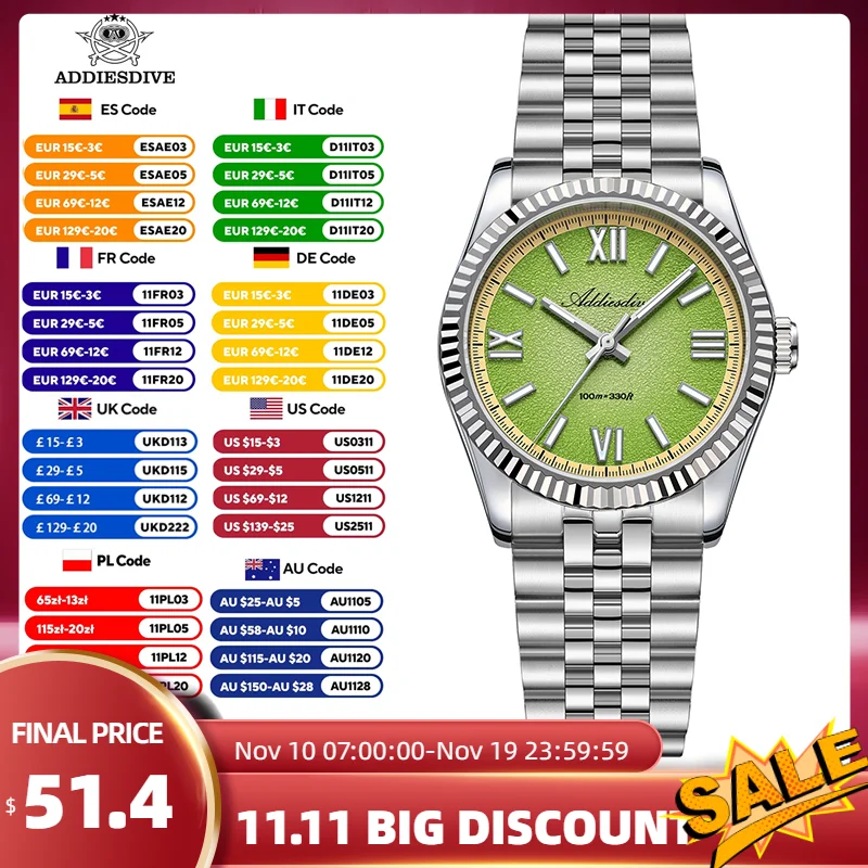 

ADDIESDIVE Original 36mm VH31 Men Quartz Watch Sapphire Crystal 10Bar Dive Relogio Luxo Masculino Fashion Stainless Steel Watch