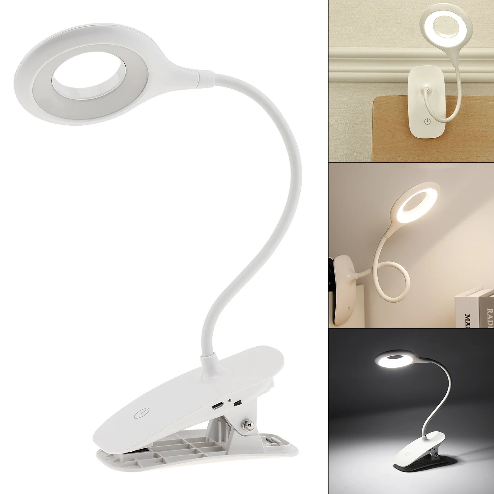 

LED Table Lamp Touch Clip Gooseneck Desktop Ring Light USB Rechargeable 1200mAh Battery Study Reading Bedroom Light