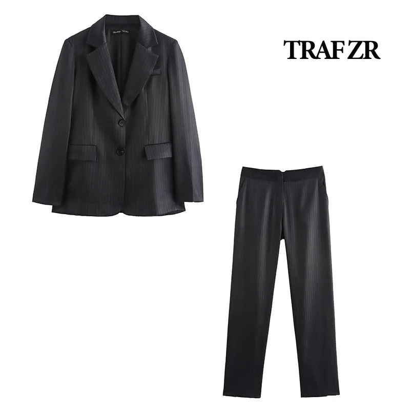 TRAF ZR Lady Sets Autumn Two Piece Set Ladies Suits Office Wear Office Lady Striped Long Sleeve Sets Elegant Casual Women\'s Set