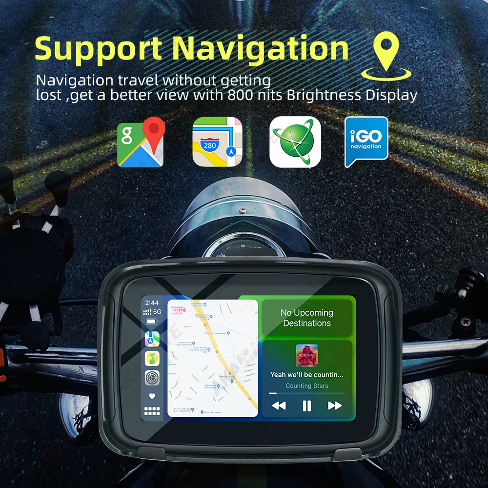 5inch Portable Motorcycle Monitor IPS Touch Screen Wireless CarPlay Android Auto GPS Navigation Bluetooth Support SD Card