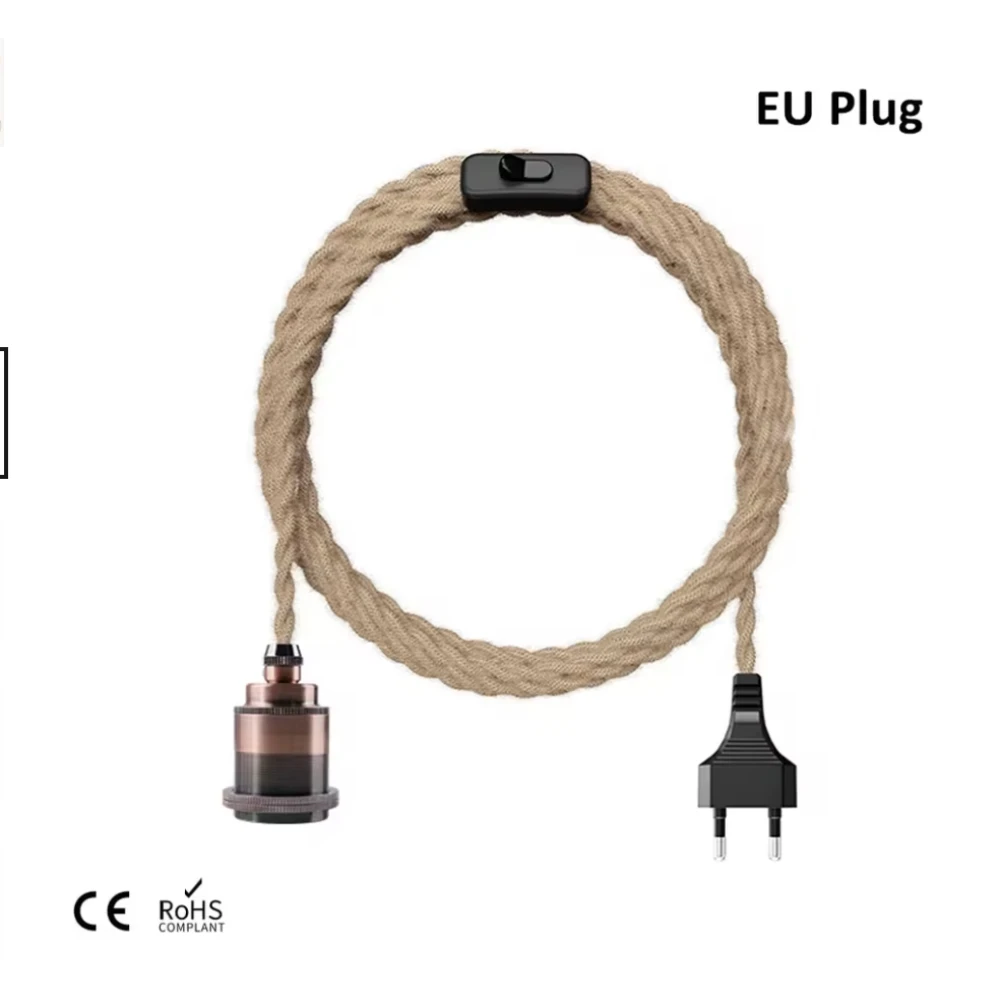 12pcs Vintage 2M Hemp Rope Power Cord Pendant Light E26 E27 Lamp Holder Socket EU Plug With Switch Industrial Lighting Fitting