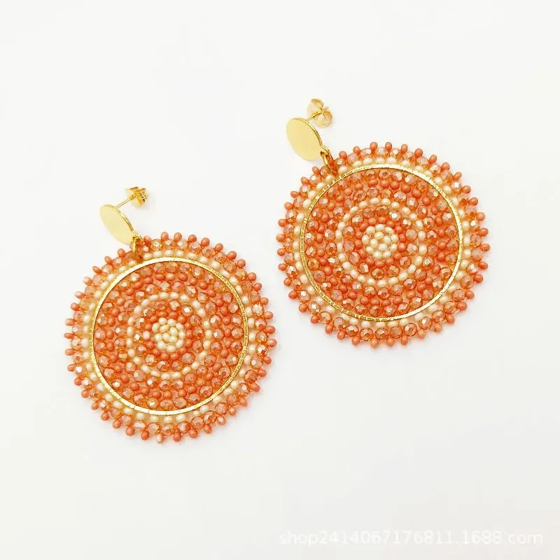 

Beaded earrings Crystal Roundness Originality Colour Hand knitting Bohemia Alloy Tide Simple Geometry Rice bead earrings