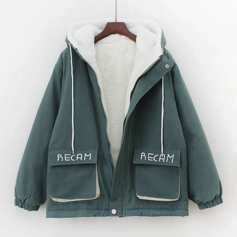 

Women Korean Harajuku Hooded Loose Warm Coats Autumn Winter Plus Velvet Thickening Tooling Jackets Pocket Letter Printing Coat