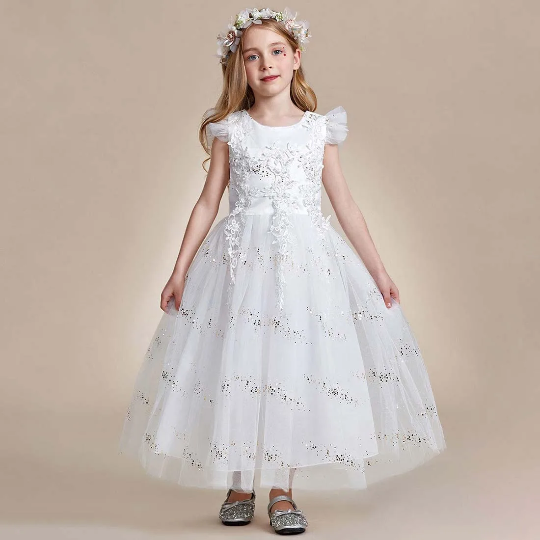 YZYManual-Vestido de princesa com mangas Flutter para meninas, renda e brilho, floreira, 2-15T