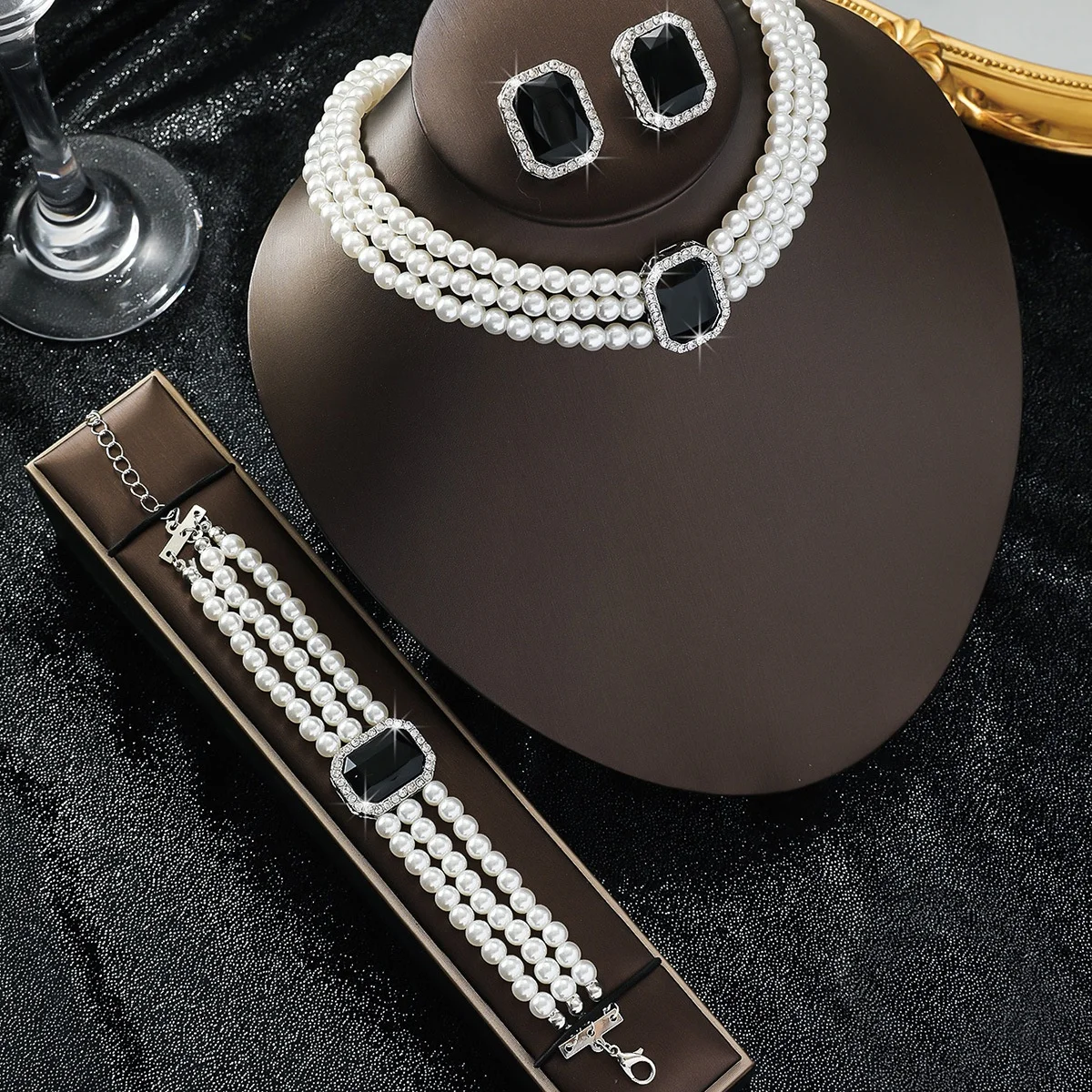  2025 مبالغ فيه متعدد الطبقات تقليد اللؤلؤ هندسية كريستال ملون قلادة طقم أقراط مناسبة لحفل الزفاف الزفاف #4