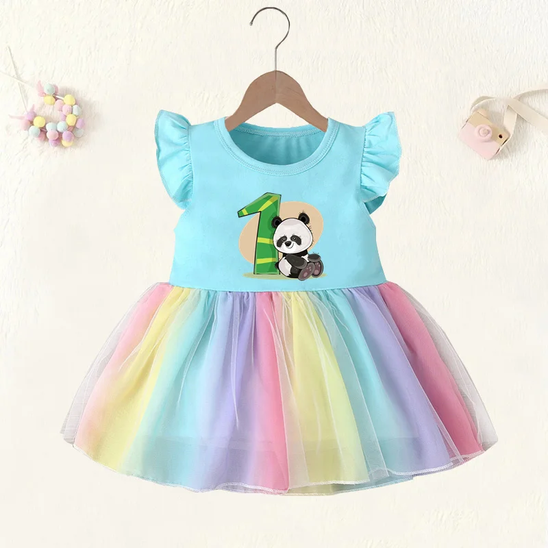 Baby Girl Clothes 1 2 3 4 Years Birthday Dress Cute Panda Animal Print Princess Pink Vestidos Toddler Girls Rainbow Mesh Dresses