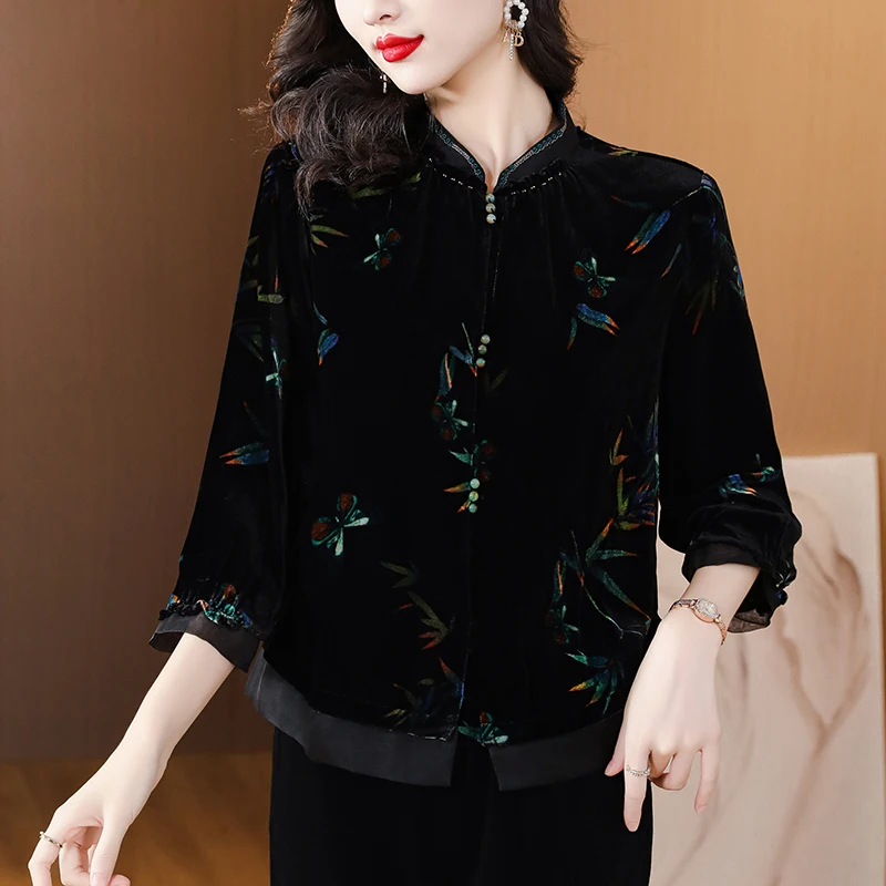 Women Korean Vintage Luxury Jackets Autumn Winter Black Print Velvet Long Sleeve Blouses 2024 Elegant Bodycon Festival Top Coats