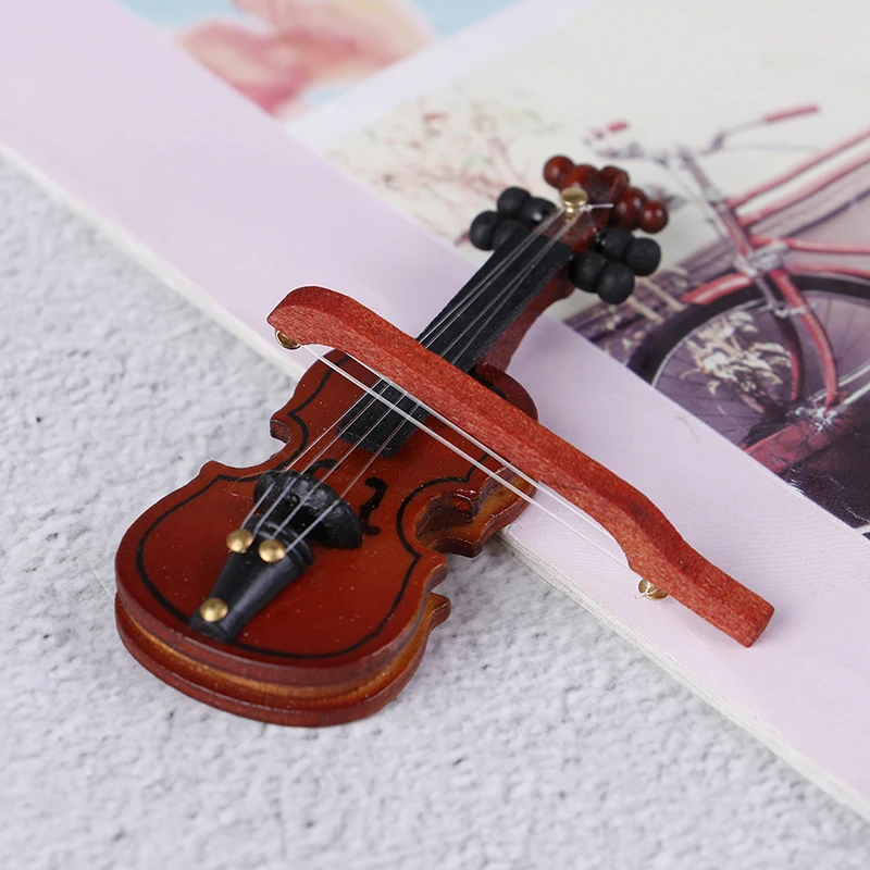 Mini Violin Prop Wooden Musical Instrument Decoration Handmade Desktop Violin for Dollhouse Miniatures and Home Decor