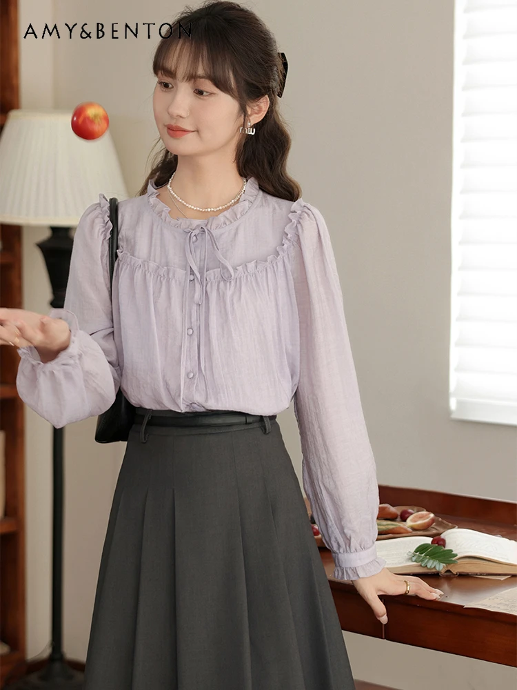 

Autumn Commute Style Sweet Elegance Ruffled Bow Long Sleeve Shirt High Waist Slim Pleated Skirt Two Piece Sets Womens Outifits