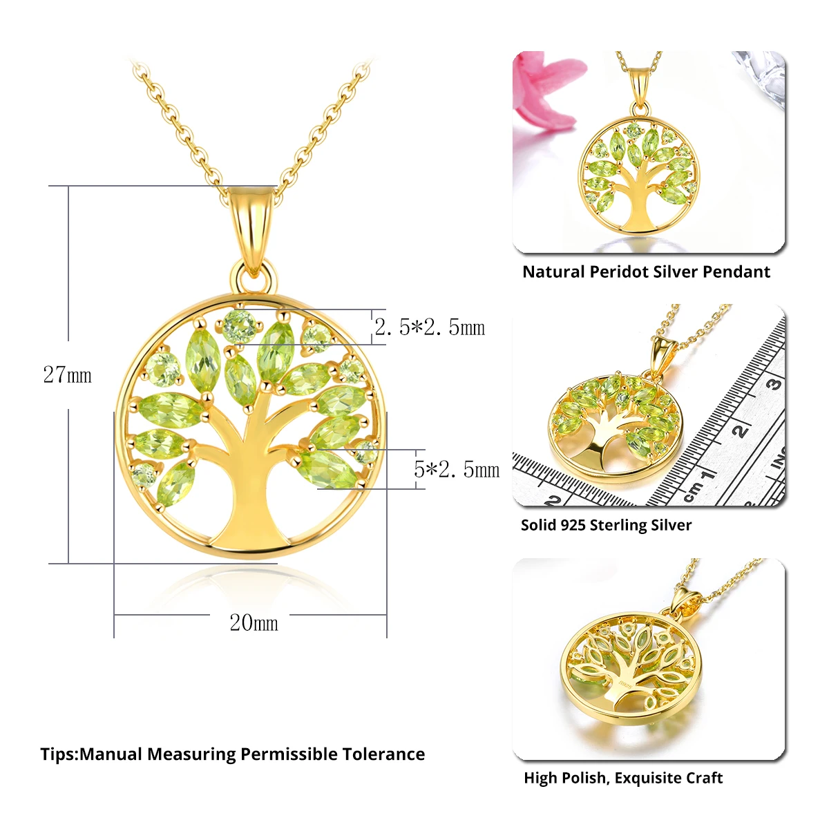 Natural Peridot Sterling Silver Pendant Yellow Gold Plated 1.5 Carats Genuine Gemstone Classic Romantic Women's Anniversary Gift