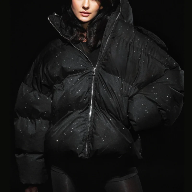 المرأة الخريف الشتاء تسلق الماس القطن وسادة مبطنة عنوان التماس المعتاد الدافئة معطف مقنع 2025 سيدة جديدة Y2k الشارع الشهير