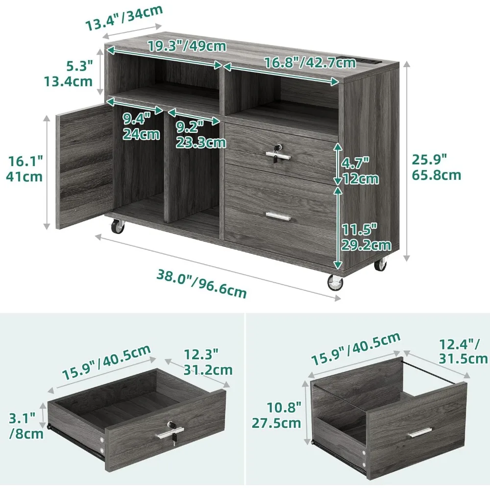 Dwvo Dossierkast Met 2 Lades Met Laadstation, Mobiele Archiefkast Met Slot, Grijs