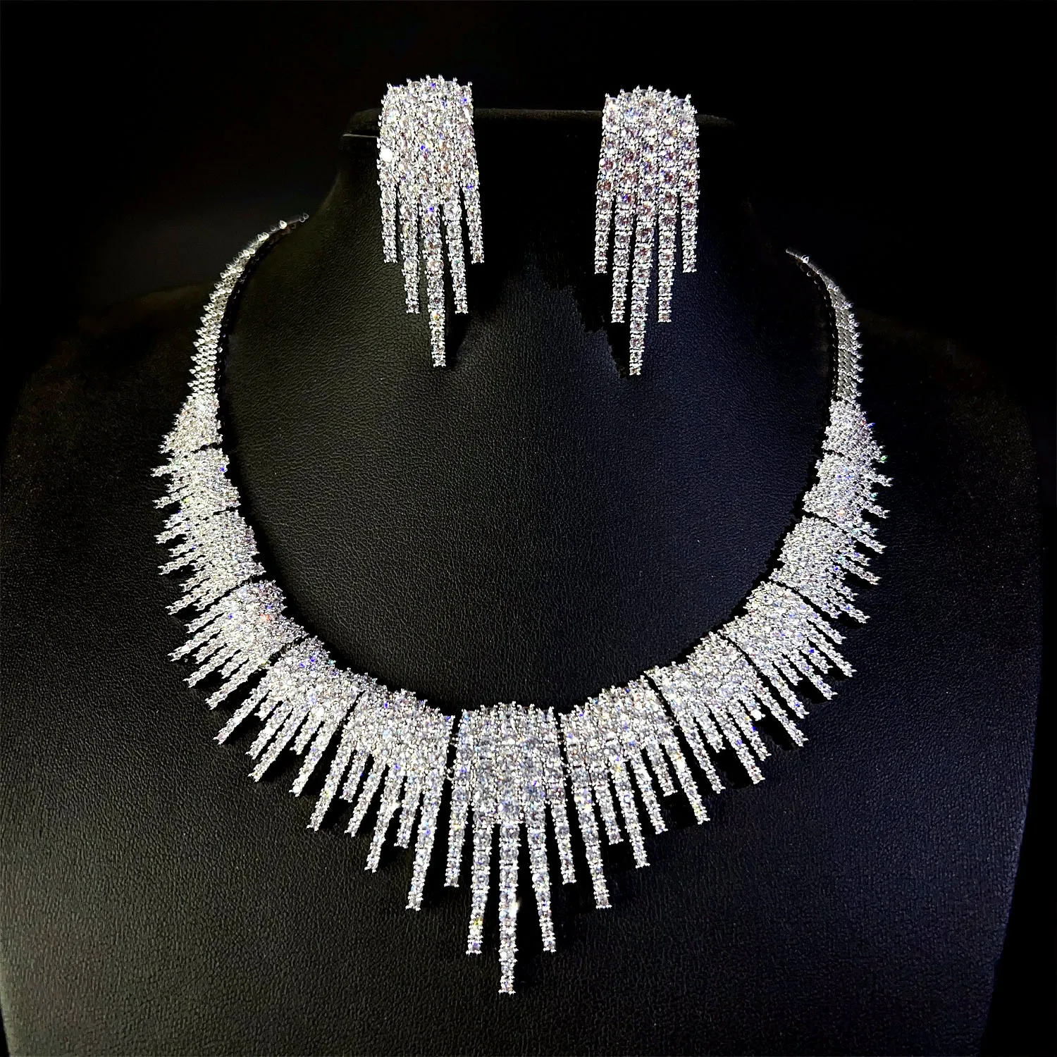 

luxury jewrelry sets silver color zirconia sparkly necklace earrings bride wedding jewelry sets anniversary gift