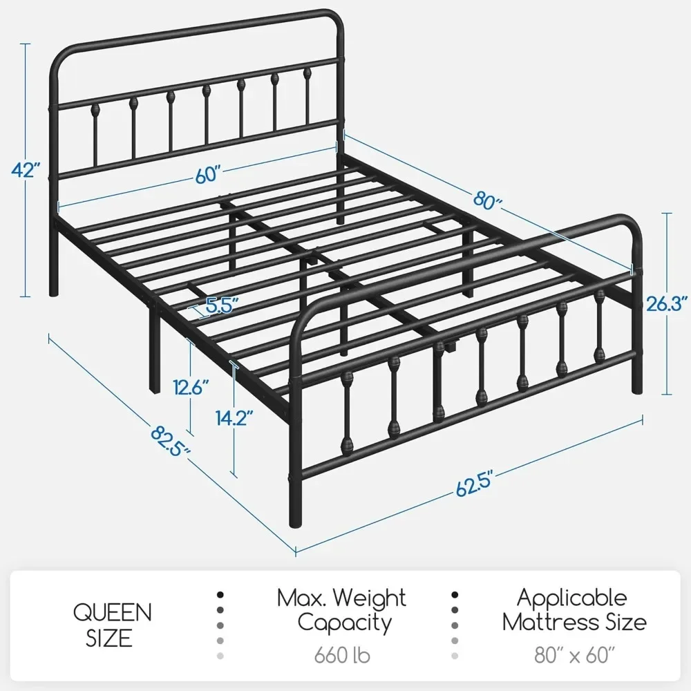 Iron Art Headboard para armazenamento sob a cama, plataforma metálica clássica, fundação do colchão com estilo vitoriano