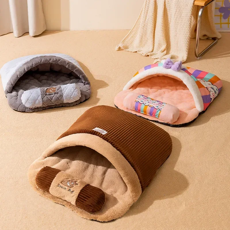 New Cat Bed Winter Removable Warm Half Closed Pet Sleeping Bag Dog Bed House Cats Nest Cushion with Pillow