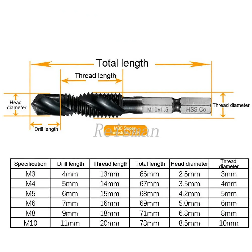 6PCS  HRC89 TiAlN M3-M10 Screw Tap Drill Bits Coated HSSCO M35 Cobalt Taps Metric Combination Bit 1/4\