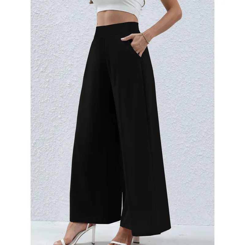 2025年シックなストレートレッグパンツ レディース ゴムウエスト 着痩せ効果 無地 ブラック デイリー オフィスウェア トラウザーズ